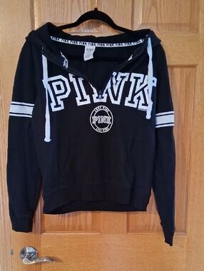PINK Victoria's Secret Black Half-Zip Hoodie Sweater with White Accents